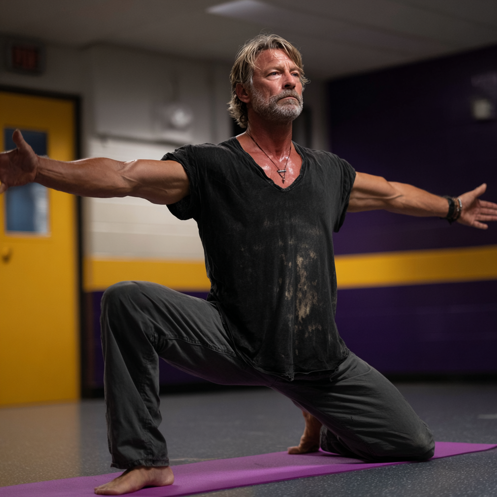 Bărbat în vârstă de 58 de ani în poziția războinicului pe saltea mov, cu brațele întinse, expresie concentrată și liniștită
